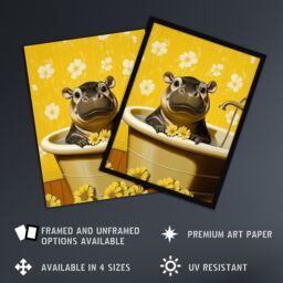 "Artery8 Cute Pygmy Hippo Bath Time Yellow Daisy Bathroom Framed Art Print - Size: W12"" x H16""" - thumbnail 2