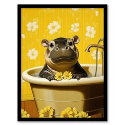 "Artery8 Cute Pygmy Hippo Bath Time Yellow Daisy Bathroom Framed Art Print - Size: W12"" x H16""" - thumbnail 1