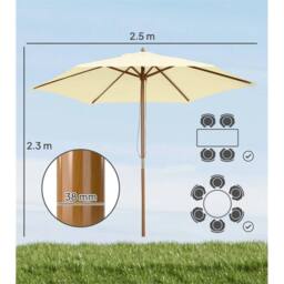 Nordara 2.5M Wooden Garden Parasol Outdoor Patio Sun Shade Canopy in Cream - Size: 100 cm x 60 cm - thumbnail 2