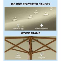 Nordara 2.5M Wooden Garden Parasol Outdoor Patio Sun Shade Canopy in Cream - Size: 100 cm x 60 cm - thumbnail 6