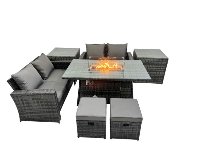 Fimous Outdoor Love Sofa Set 6 Seat & Gas Firpit Dining Table 2 Side Table in Dark Grey - image 1