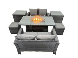 Fimous Outdoor Love Sofa Set 6 Seat & Gas Firpit Dining Table 2 Side Table in Dark Grey - thumbnail 2