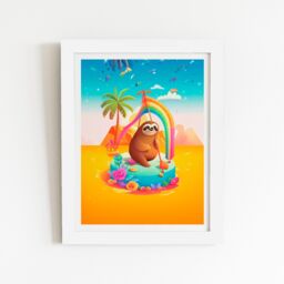 "Warren Reed - Designer Sloth On A Beach Holiday Framed Art Print in White - Size: W12"" x H16""" - thumbnail 2