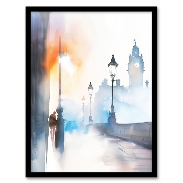 "Artery8 Misty Edinburgh Sunrise Bright Watercolour Framed Art Print in White - Size: W12"" x H16""" - image 1