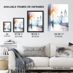 "Artery8 Misty Edinburgh Sunrise Bright Watercolour Framed Art Print in White - Size: W12"" x H16""" - thumbnail 3