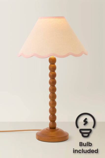 ValueLights Bobbin Colour Trim Linen Shade Walnut Bobble Table Lamp with Bulb in Baby Pink - image 1
