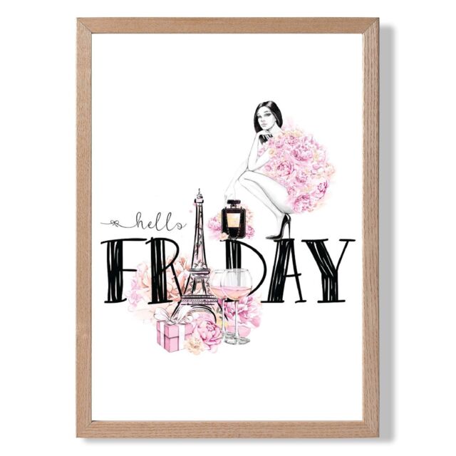 ARTZE Hello Friday Fashion Illustration Quote Framed Print SIZE: A3 with Oak Frame in Pink - image 1