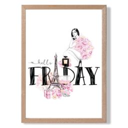 ARTZE Hello Friday Fashion Illustration Quote Framed Print SIZE: A3 with Oak Frame in Pink