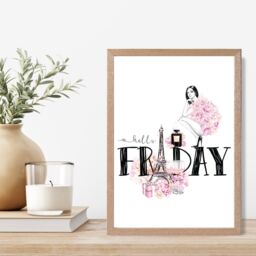 ARTZE Hello Friday Fashion Illustration Quote Framed Print SIZE: A3 with Oak Frame in Pink - thumbnail 2