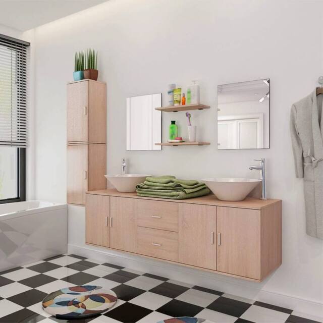 Berkfield Home 11 Piece Bathroom Furniture Set with Basin with Tap Beige - image 1