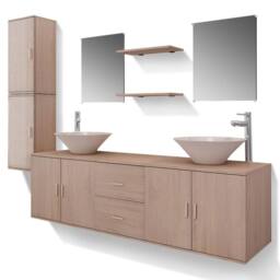 Berkfield Home 11 Piece Bathroom Furniture Set with Basin with Tap Beige - thumbnail 2