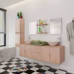 Berkfield Home 11 Piece Bathroom Furniture Set with Basin with Tap Beige - thumbnail 1
