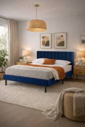Aspire Verona Velvet Bed Frame Padded Headboard Pink Navy Cream in Blue - Size: Super King