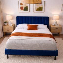 Aspire Verona Velvet Bed Frame Padded Headboard Pink Navy Cream in Blue - Size: Super King - thumbnail 3