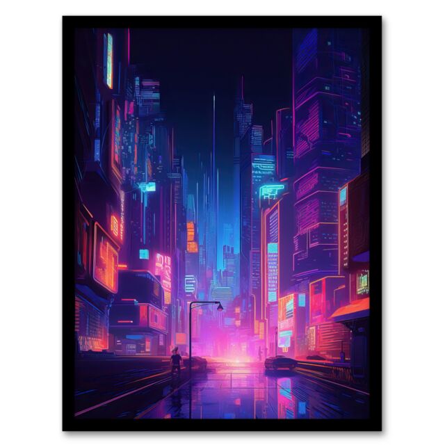"Artery8 Synthpop City Modern Neon Futuristic Cityscape Blue Purple Art Print Framed Poster Wall Decor 12x16 inch in Black - Size: W12"" x H16""" - image 1