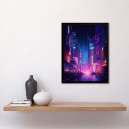 "Artery8 Synthpop City Modern Neon Futuristic Cityscape Blue Purple Art Print Framed Poster Wall Decor 12x16 inch in Black - Size: W12"" x H16""" - thumbnail 4