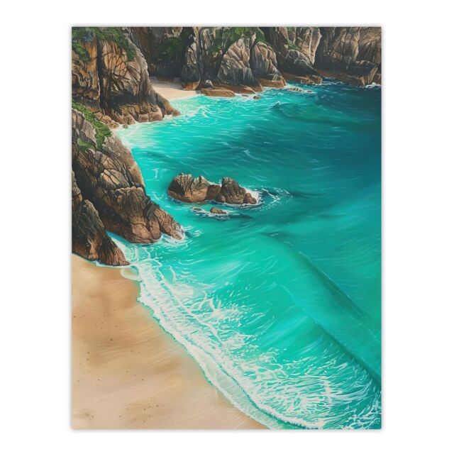 "Artery8 Porthcurno Beach Cliffs Aerial View Landscape Wall Art Print in Blue - Size: W24"" x H32""" - image 1