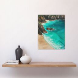 "Artery8 Porthcurno Beach Cliffs Aerial View Landscape Wall Art Print in Blue - Size: W24"" x H32""" - thumbnail 4