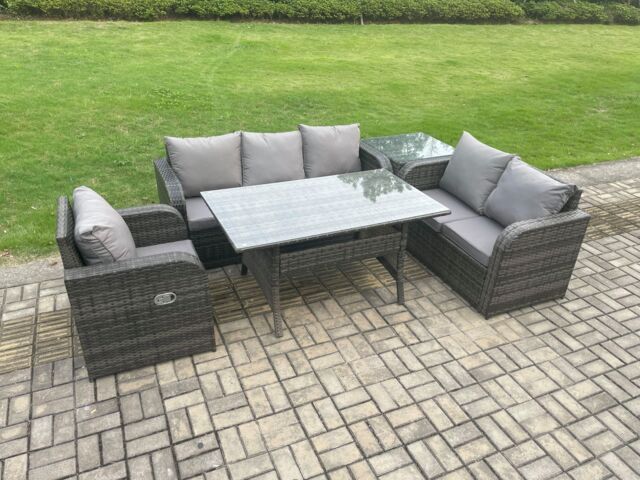Fimous 6 Seater Garden Rattan Furniture Dining Table Sofa Set Indoor Outdoor with Reclining Chairs Side Table Dark Grey Mixed - image 1