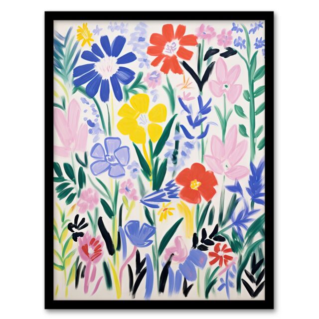 Artery8 Simple Henri Matisse Style Flowers In The Meadow Acrylic Painting Art Print Framed Poster Wall Decor in Black - Size: A4 - image 1