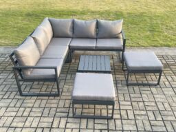 Fimous Outdoor Garden Furniture Set Aluminium Lounge Sofa Square Coffee Table Sets with 2 Big Footstool Dark Grey - thumbnail 2