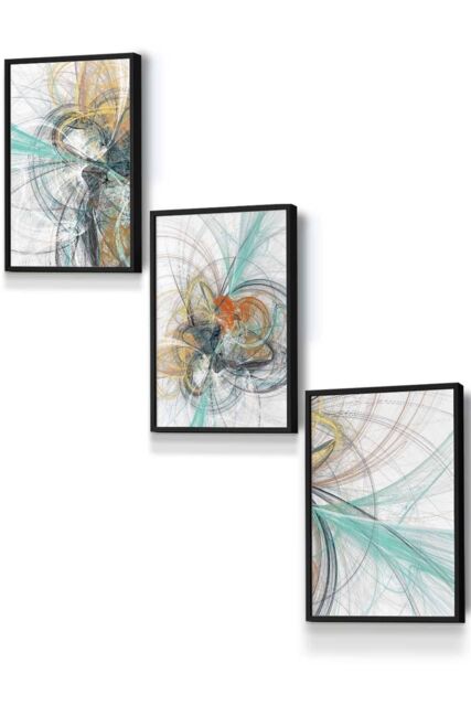 ARTZE Set of 3 Black Framed Abstract Aqua Grey Mixed Media Fractal Wall Art - Size: W53 cm x H73 cm x D20mm - image 1