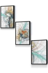 ARTZE Set of 3 Black Framed Abstract Aqua Grey Mixed Media Fractal Wall Art - Size: W53 cm x H73 cm x D20mm - thumbnail 1