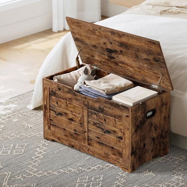 VASAGLE Medium Rustic Storage Chest Blanket Box Safety Hinges Bench in Brown - image 1