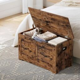 VASAGLE Medium Rustic Storage Chest Blanket Box Safety Hinges Bench in Brown - thumbnail 1