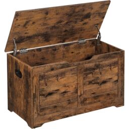 VASAGLE Medium Rustic Storage Chest Blanket Box Safety Hinges Bench in Brown - thumbnail 8