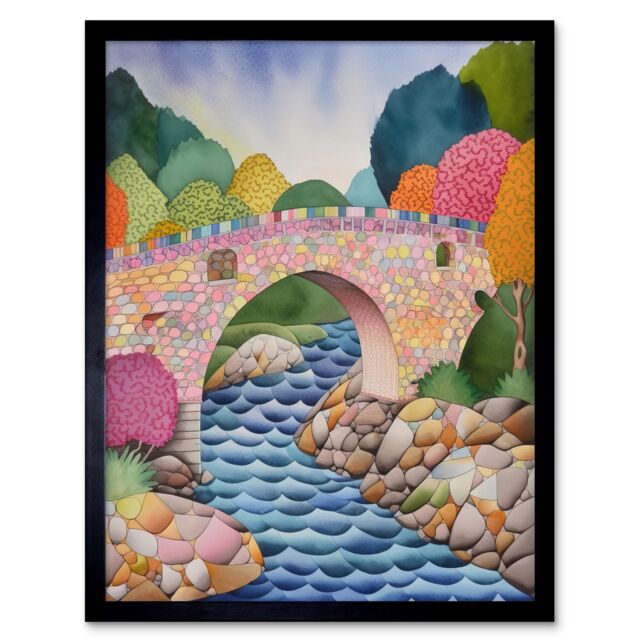 "Artery8 Wall Art Print Modern Folk Art Countryside Bridge Art Framed in Black - Size: W12"" x H16""" - image 1