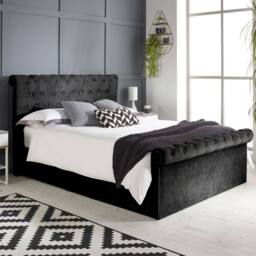 Aspire Mayfair Chesterfield Sleigh Ottoman Velvet Bed Frame in Black - Size: Double - thumbnail 2