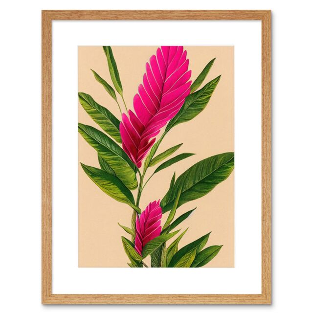 "Artery8 Wall Art Print Tropical Hawaiian Botanical Exotic Pink Floral Artwork Framed 9X7 Inch in Beige - Size: W7"" x H9""" - image 1