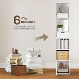 HOMCOM Narrow Bookshelf with Drawer, Tall Bookcase for Living Room in White - thumbnail 4