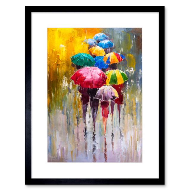 "Artery8 Wall Art Print Umbrellas in The Rain Painting Art Framed 9x7 inch in Black - Size: W7"" x H9""" - image 1