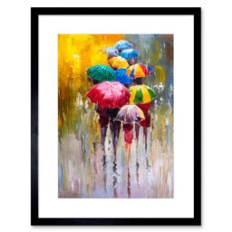"Artery8 Wall Art Print Umbrellas in The Rain Painting Art Framed 9x7 inch in Black - Size: W7"" x H9""" - thumbnail 1