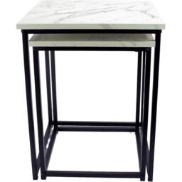 VOGREX 2Pcs Square Nesting Coffee Tables White Marble Black Metal Frame