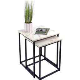 VOGREX 2Pcs Square Nesting Coffee Tables White Marble Black Metal Frame - thumbnail 3