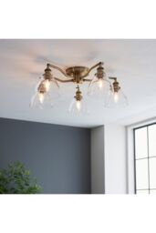 Netlighting Hansen Multi Arm Glass Semi Flush Ceiling Lamp Antique Brass Plate Glass in Gold - thumbnail 3