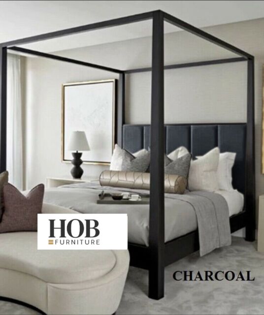 HOB Furniture Washington 4 Poster Bed, Luxury French Velvet, Black - Size: King