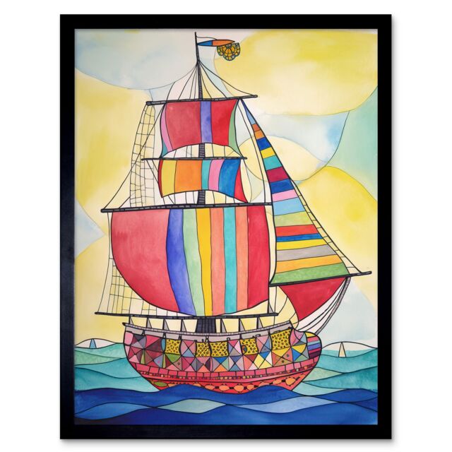 "Artery8 Wall Art Print Rainbow Colour Sailing Ship Folk Art Framed in Black - Size: W12"" x H16""" - image 1