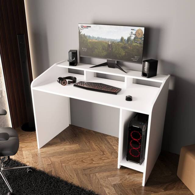BIMOSSA Gaming Desk 117cm w/ Monitor Shelf - Modern Computer Desk for PC, Gaming & Home Office, Wooden Gaming Desk Table w/ Storage Shelves for - image 1