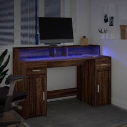 Berkfield Home Desk with LED Lights Brown Oak 140x55x91 cm Engineered Wood - Size: 140 x 55 x 91 cm - thumbnail 5