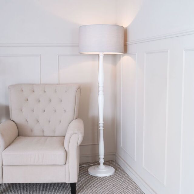 ValueLights Victoria White Wood Traditional Floor Lamp with Fabric Drum Shade & LED Bulb in Grey - image 1