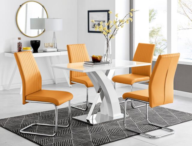 FurnitureboxUK Atlanta White High Gloss & Chrome 4 Seater Dining Table with X Shaped Legs & 4 Faux Leather Lorenzo Chairs in Mustard - image 1