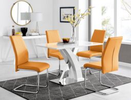 FurnitureboxUK Atlanta White High Gloss & Chrome 4 Seater Dining Table with X Shaped Legs & 4 Faux Leather Lorenzo Chairs in Mustard - thumbnail 1