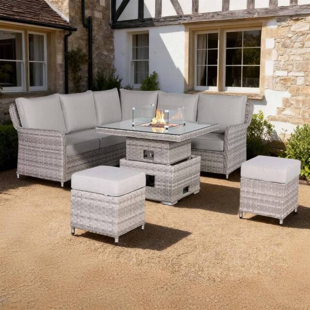Furnishings For Less UK Rattan Garden Corner Sofa Set with Rising Fire Pit Table in Grey - image 1