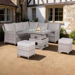 Furnishings For Less UK Rattan Garden Corner Sofa Set with Rising Fire Pit Table in Grey - thumbnail 1