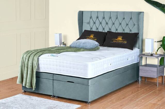 UK Bed Furniture Bronte End Lift Divan Ottoman Storage Bed with 54 Inch Headboard in Light Blue - Size: Small Double - image 1
