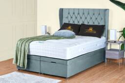 UK Bed Furniture Bronte End Lift Divan Ottoman Storage Bed with 54 Inch Headboard in Light Blue - Size: Small Double - thumbnail 1